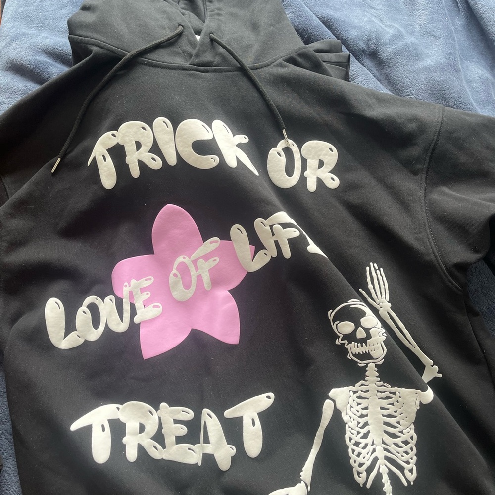 Black Hoodie with Skeleton and Pink Design “trick of love of life treat”